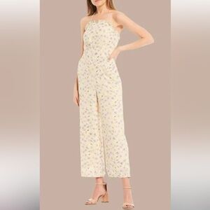 New GIANNI BINI Pastel Yellow Floral Print Halter Crop Wide Leg Jumpsuit X-Large